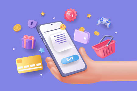 Online shopping concept 3D illustration. Icon composition with hand holds mobile phone and paying for purchase, credit card, shop cart, gifts for customer. Vector illustration for modern web designのイラスト素材
