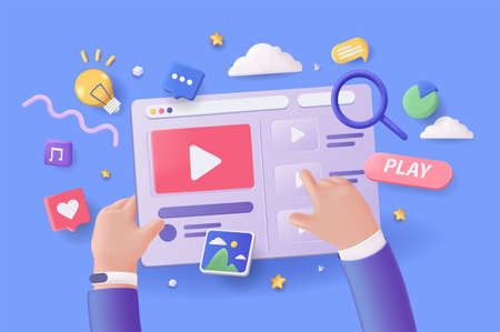 Video player concept 3D illustration. Icon composition with video or music content at site, user...