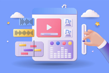Music video edits concept 3D illustration. Icon composition with computer software or application with buttons for cutting video clip, working with content. Vector illustration for modern web designのイラスト素材