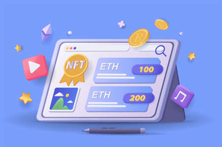 NFT concept 3D illustration. Icon composition with tablet display with marketplace interface, buying...