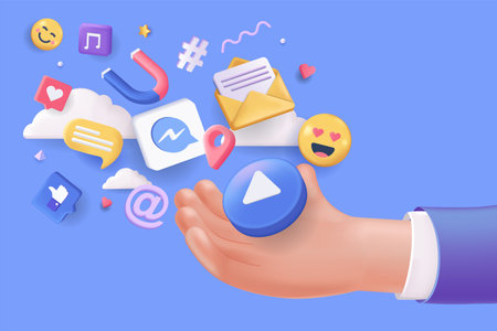 Social media concept 3D illustration. Icon composition with human hand holding email, message, emoji, likes, digital content, music, video and other symbols. Vector illustration for modern web designのイラスト素材
