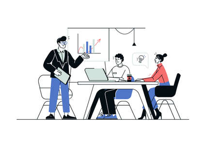 Business people concept in flat line design. Colleagues sit at table in conference room, discussing tasks and listening to professional training. Vector illustration with outline people scene for webのイラスト素材