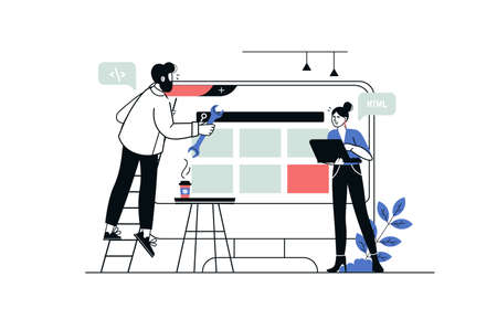 Web development concept in flat line design. Man and woman create and optimize interface of website,...