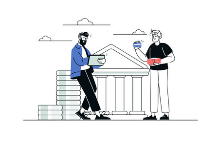 Banking concept in flat line design. Men use bank services and online application, make transactions, pay with credit card, control account. Vector illustration with outline people scene for webのイラスト素材