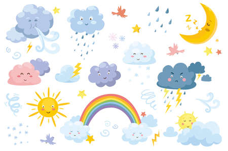 Cute weather symbols in cartoon style set isolated elements. Bundle of rainy clouds, sleeping crescent moon, fluffy cloudiness, rainbow, sun with face emotions. Vector illustration in flat designのイラスト素材