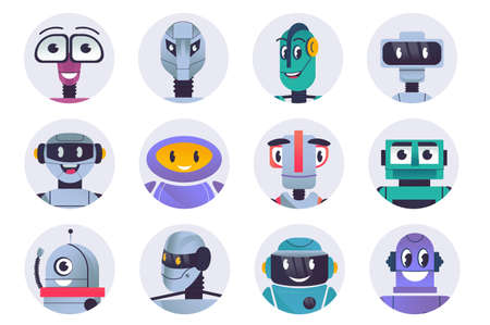 Cute robots characters avatars isolated set. Diverse robots with smiling face emotion. Virtual assistants, digital ai bots or chatbot mascots. Vector illustration with people in flat cartoon designのイラスト素材
