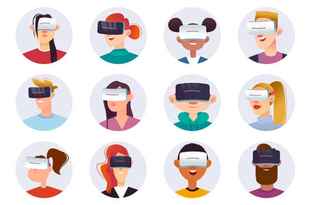 Metaverse characters avatars isolated set. Different portraits of men and women with VR headset...