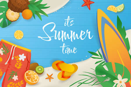 Summertime background in cartoon design in top view. Wallpaper with summer beach with sea, palm leaves, fresh fruits, surfboard, shorts, slippers. Vector illustration for poster or banner templateのイラスト素材