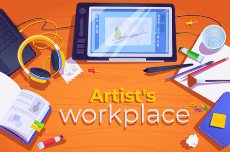 Artist workplace background in cartoon design in top view. Wallpaper with composition of graphic...