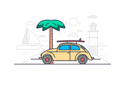 Summer travel concept in flat outline design. Summertime vacation. Vector illustration with colorful line web scene with driving car on tropical island on seashore with floating yacht and lighthouseのイラスト素材