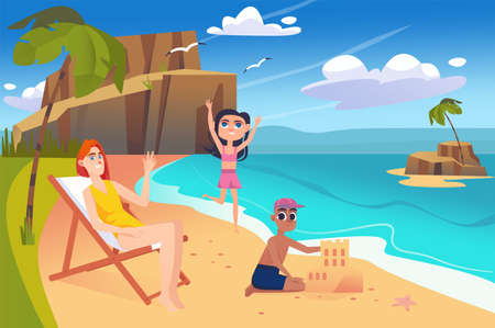 Summer beach background in flat cartoon design. Wallpaper with family resting at resort. Daughter runs by sea, son plays in sand, mother sunbathes. Vector illustration for poster or banner templateのイラスト素材