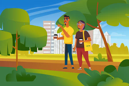 Summer city park background in flat cartoon design. Wallpaper with cityscape of couple drinks coffee and walks in public garden with green trees. Vector illustration for poster or banner templateのイラスト素材