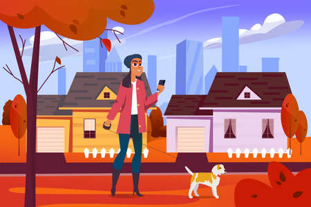 Autumn city park background in flat cartoon design. Wallpaper with cityscape of woman walks with dog along street with cozy houses and fall trees. Vector illustration for poster or banner templateのイラスト素材