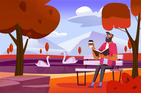 Autumn city park background in flat cartoon design. Wallpaper with man drinks coffee, reads book and sits on bench near lake with swans in fall park. Vector illustration for poster or banner templateのイラスト素材