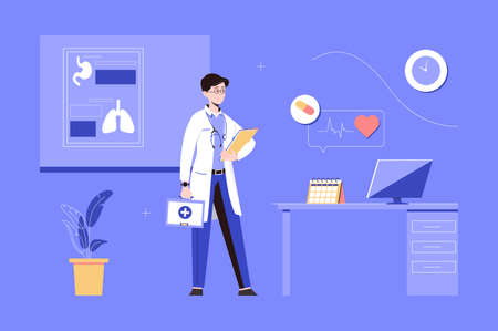 Medical clinic web concept with people scene in flat blue design. Man doctor receives patients in office, diagnoses diseases, advises and prescribes treatment, work in healthcare. Vector illustrationのイラスト素材