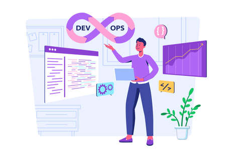 DevOps concept with people scene for web. Man working as manager and administers development operations processes for programmer team creating software. Vector illustration in flat perspective designのイラスト素材