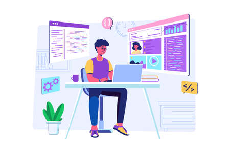 Web development concept with people scene for web. Man working with code, programming and creates page template and communicates with colleague online. Vector illustration in flat perspective designのイラスト素材
