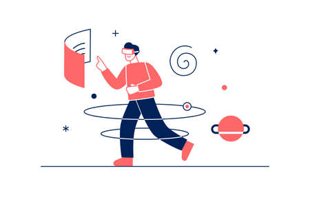 Metaverse concept in flat line design with people scene. Man in VR glasses working and interacting with screen holograms in metaverse world and making science research. Vector illustration for webのイラスト素材