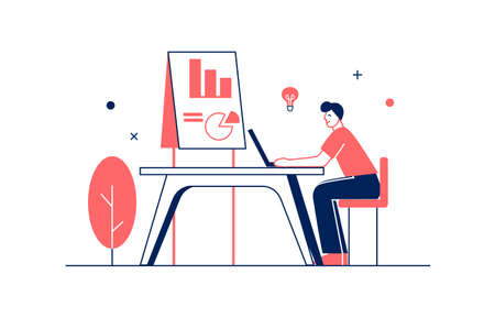 Workflow concept in flat line design with people scene. Man employee working at office, , analysis data and graph statistics, job organization process and management. Vector illustration for webのイラスト素材
