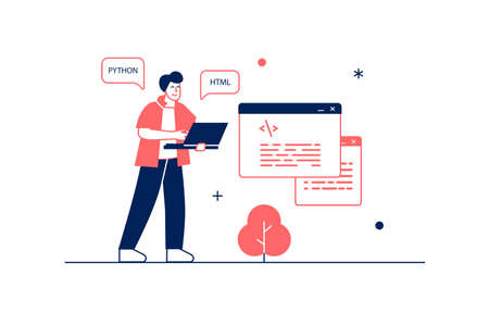 Software developer concept in flat line design with people scene. Man working as programmists at IT company, creating code, testing and fixing bugs, app optimization. Vector illustration for webのイラスト素材