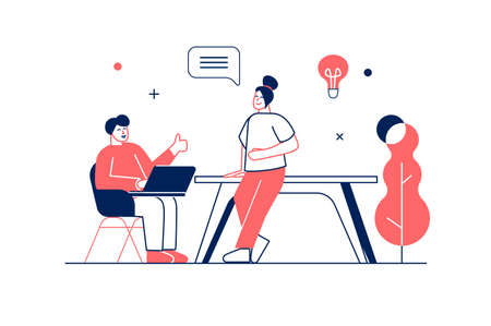 Creative agency concept in flat line design with people scene. Woman and man working as designers, discussing job tasks at office, brainstorming and creating new ideas. Vector illustration for webのイラスト素材