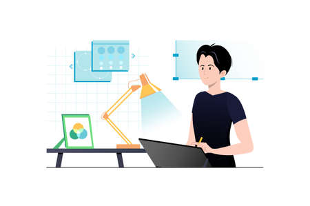 Design studio concept with people scene in flat cartoon design. Designer works in the studio on...