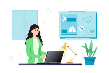 Concept medical with people scene in flat cartoon design. Medical worker studies methods of treatment and medical drugs in her office. Vector illustration.のイラスト素材