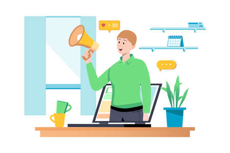 Social media concept with people scene in flat cartoon style. Man uses mass media to interact with society and share his ideas and activities. Vector illustration.のイラスト素材