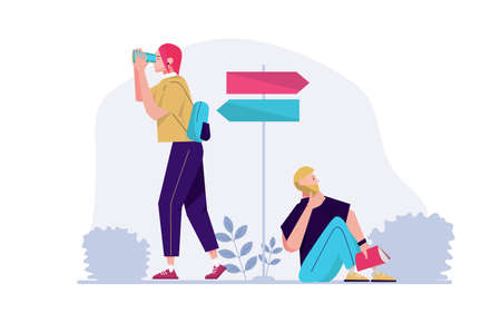 Concept Searching opportunities with people scene in the flat cartoon design. Young couple is...
