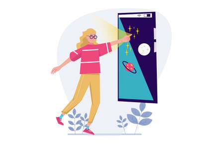 Concept Cyberspace with people scene in the flat cartoon design. Girl entered the virtual space with the help of the smartphone and modern digital technologies. Vector illustration.のイラスト素材