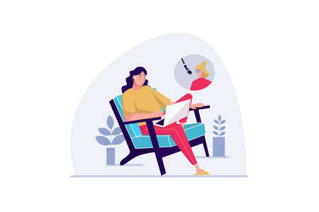 Podcast concept with people scene in the flat cartoon design. Woman records a podcast for the radio broadcast while sitting at home. Vector illustration.のイラスト素材