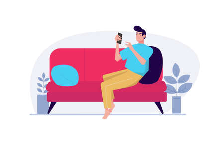 Girl suffering internet concept with people scene in the flat cartoon design. Girl is looking for interesting things on the Internet while sitting on the sofa at home. Vector illustration.のイラスト素材