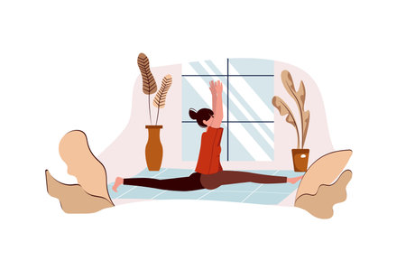 Concept Fitness at home with people scene in the flat cartoon design. Girl does gymnastics at home to keep her body in good shape. Vector illustration.のイラスト素材