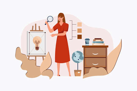 Branding concept with people scene in the flat cartoon design. Manager develops strategy for creating the image of the client company. Vector illustration.のイラスト素材