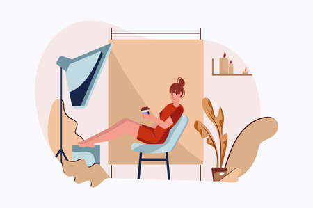 Concept Photo studio with people scene in the flat cartoon design. Photographer took break between photo shootings and drinks coffee. Vector illustration.のイラスト素材