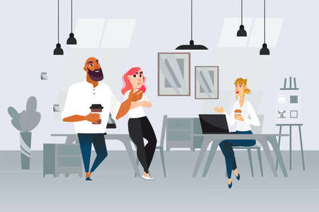 Concept Design studio with people scene in the background cartoon style. Colleagues discuss a new project in the design studio. Vector illustration.のイラスト素材