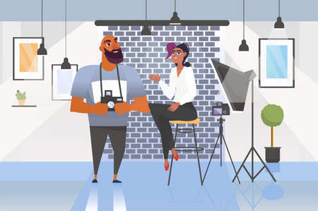Photo studio concept with people scene in the background cartoon style. Woman explains to the photographer how to photograph her. Vector illustration.のイラスト素材