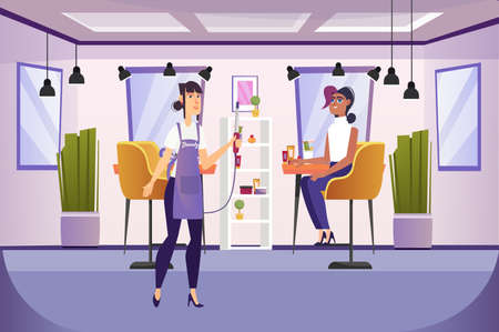 Beauty salon concept with people scene in the background cartoon design. Stylist makes a beautiful hairstyle for a client in a salon. Vector illustration.のイラスト素材