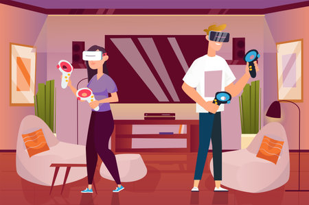 Game room concept with people scene in the background cartoon design. Girl and boy play games in the virtual world using VR glasses. Vector illustration.のイラスト素材