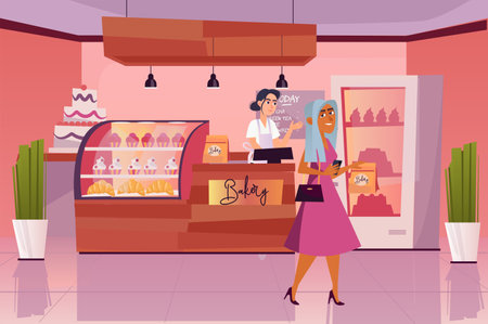 Bakery shop concept with people scene in the background cartoon design. Woman leaves the bakery with cakes, which she bought. Vector illustration.のイラスト素材