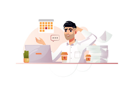 Deadline orange concept with people scene in the flat cartoon design. Employee with a lot of papers tries to complete all tasks in time. Vector illustration.のイラスト素材