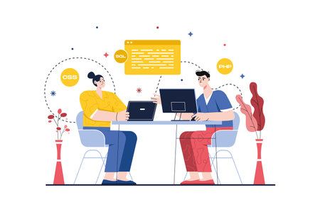 Concept Coding with people scene in the flat cartoon style. Two programmers make every effort to write good software code for the client. Vector illustration.のイラスト素材