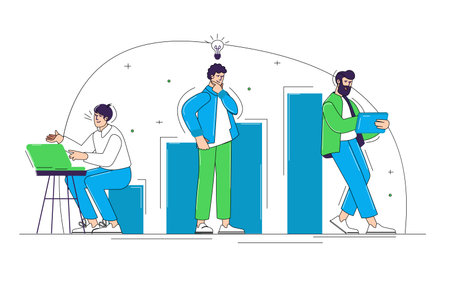 Business people blue and green concept with people scene in the flat cartoon style. Businessman comes up with ideas and two workers implement them. Vector illustration.のイラスト素材