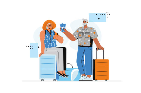 Travel concept with human scene in flat style. Man and women with luggage hold plane tickets and go on summer vacation and recreation travelling. Vector illustration with character design for webのイラスト素材