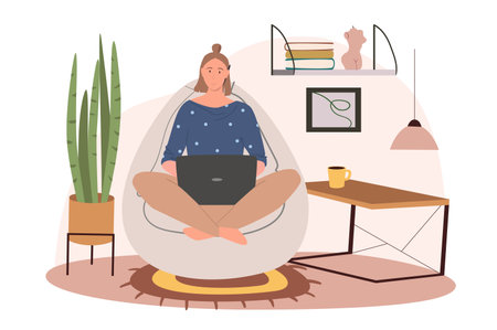 Home workplace web concept. Woman working on laptop sitting in chair bag in cozy room with decor. Freelancer or remote worker. People scenes template. Illustration of characters in flat designの写真素材