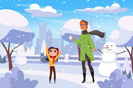 Winter concept with people scene in the background cartoon design. Mom and son plays snowballs and make a snowman. Vector illustration.のイラスト素材