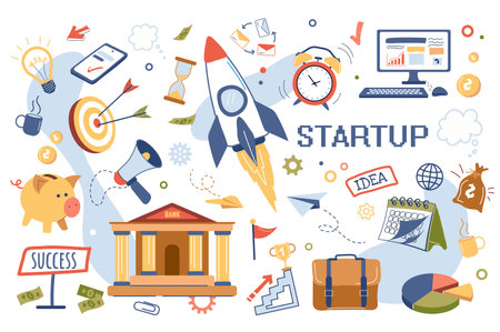 Startup concept isolated elements set. Collection of launching a new project, business analytics, bank loan, investments, targeting, strategy and other. Illustration in flat cartoon designの写真素材