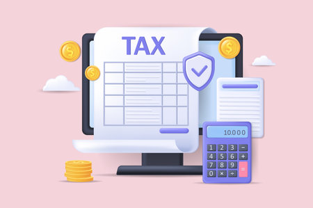 Realistic concept of online tax scene without people in 3D cartoon design. Image of tax bills on a computer screen. Vector illustration.のイラスト素材