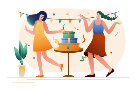 Celebration gradient concept with people scene in the flat cartoon style. Company of girls having fun in a festive atmosphere with lots of gifts. Vector illustration.のイラスト素材