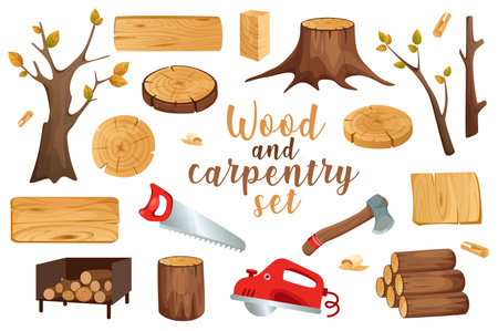 Wood and carpentry in cartoon style set isolated elementsのイラスト素材